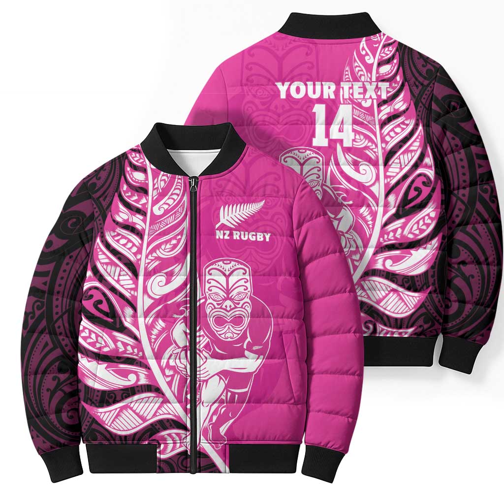 New Zealand Silver Fern Rugby Custom Bomber Puffer Jacket All Black Maori Pattern Pink - Polynesian Pride