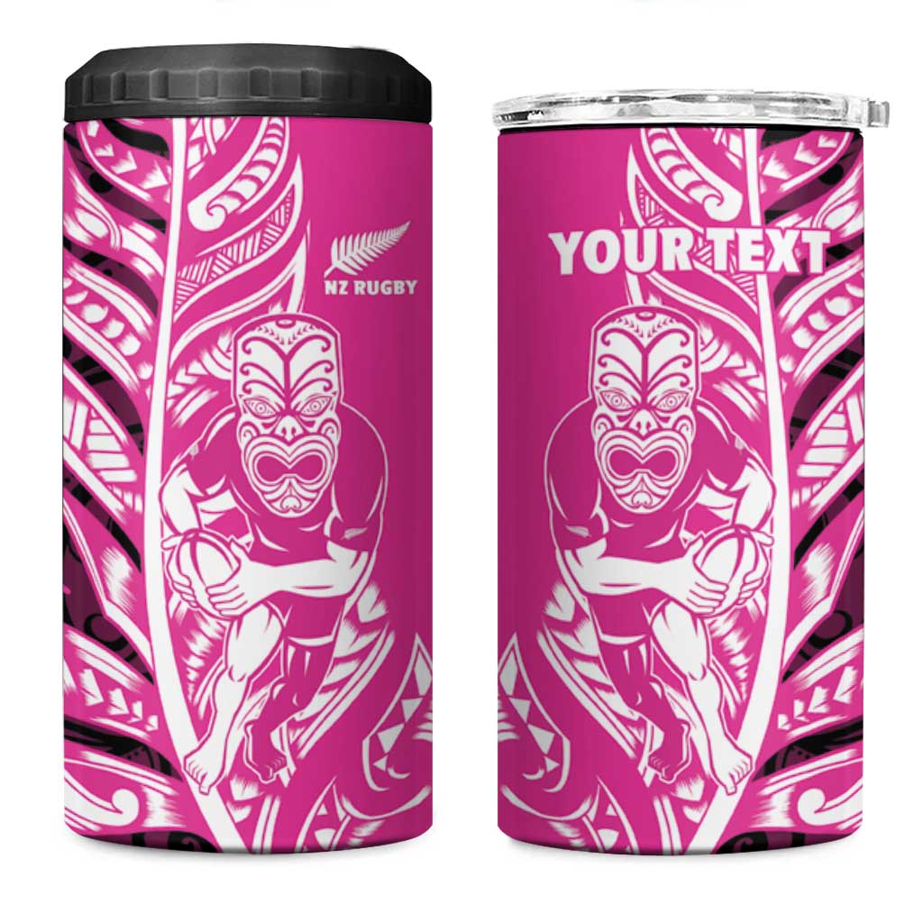New Zealand Silver Fern Rugby Custom 4 in 1 Can Cooler Tumbler All Black Maori Pattern Pink - Polynesian Pride