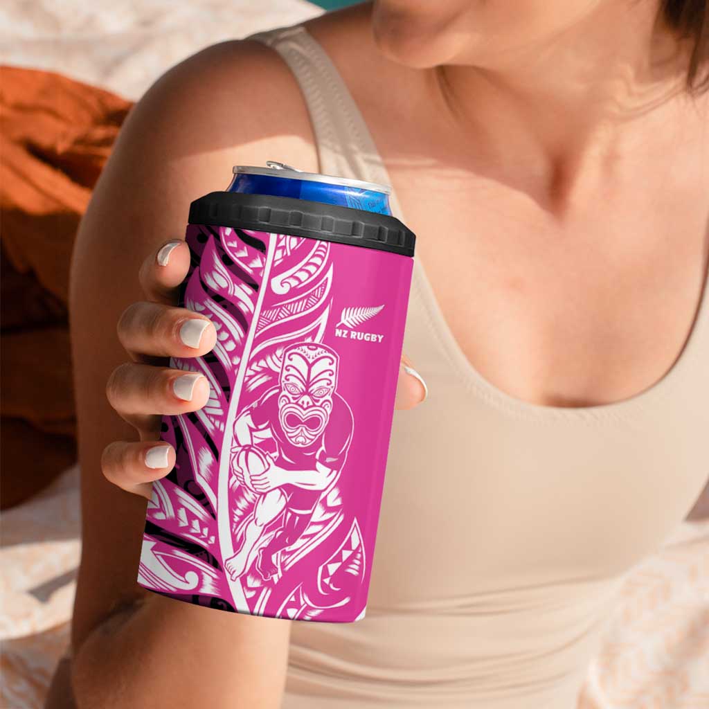 New Zealand Silver Fern Rugby Custom 4 in 1 Can Cooler Tumbler All Black Maori Pattern Pink - Polynesian Pride