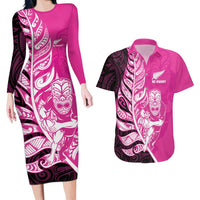 New Zealand Silver Fern Rugby Custom Couples Matching Long Sleeve Bodycon Dress and Hawaiian Shirt All Black Maori Pattern Pink - Polynesian Pride