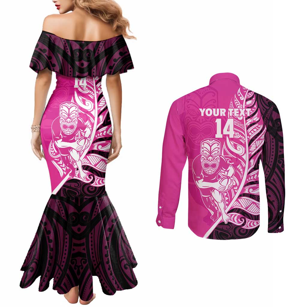 New Zealand Silver Fern Rugby Custom Couples Matching Mermaid Dress and Long Sleeve Button Shirt All Black Maori Pattern Pink - Polynesian Pride
