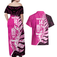 New Zealand Silver Fern Rugby Custom Couples Matching Off Shoulder Maxi Dress and Hawaiian Shirt All Black Maori Pattern Pink - Polynesian Pride