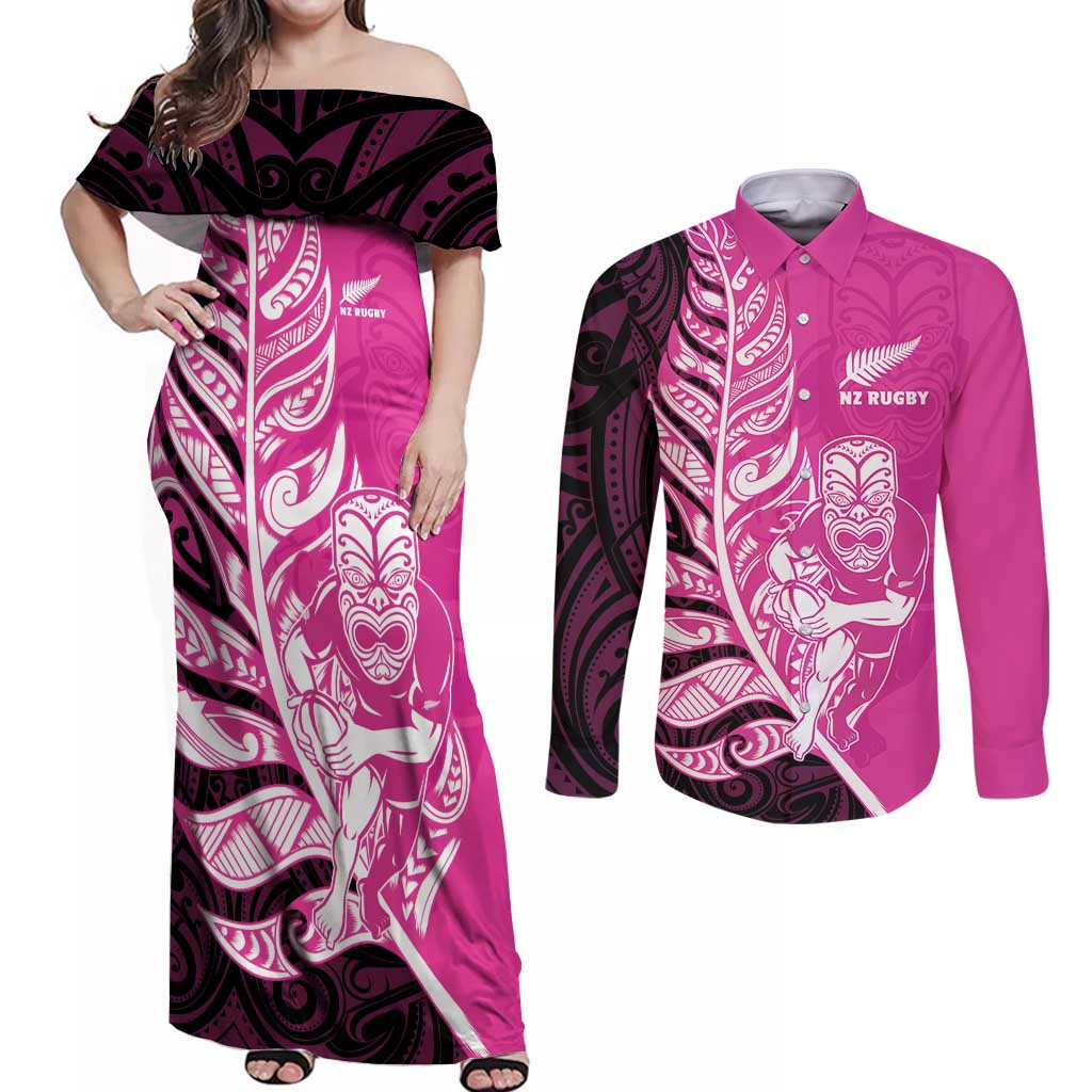 New Zealand Silver Fern Rugby Custom Couples Matching Off Shoulder Maxi Dress and Long Sleeve Button Shirt All Black Maori Pattern Pink - Polynesian Pride