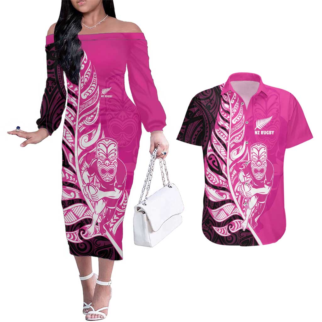 New Zealand Silver Fern Rugby Custom Couples Matching Off The Shoulder Long Sleeve Dress and Hawaiian Shirt All Black Maori Pattern Pink - Polynesian Pride