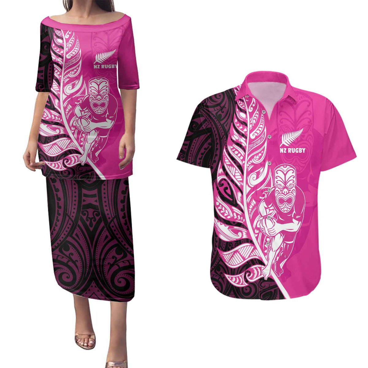 New Zealand Silver Fern Rugby Custom Couples Matching Puletasi and Hawaiian Shirt All Black Maori Pattern Pink - Polynesian Pride