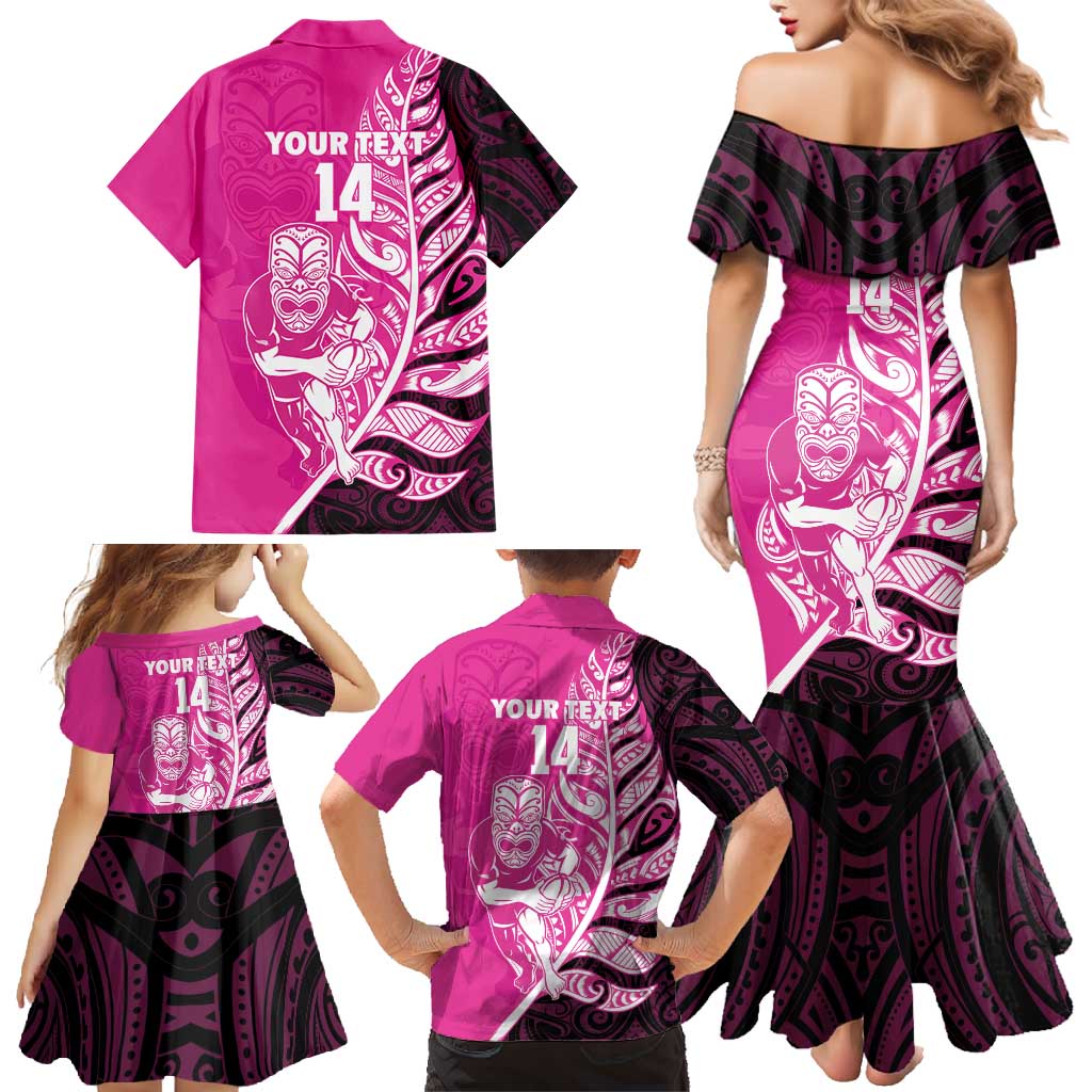 New Zealand Silver Fern Rugby Custom Family Matching Mermaid Dress and Hawaiian Shirt All Black Maori Pattern Pink - Polynesian Pride