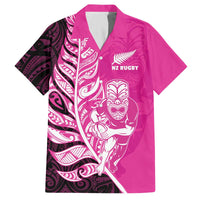New Zealand Silver Fern Rugby Custom Family Matching Off The Shoulder Long Sleeve Dress and Hawaiian Shirt All Black Maori Pattern Pink - Polynesian Pride
