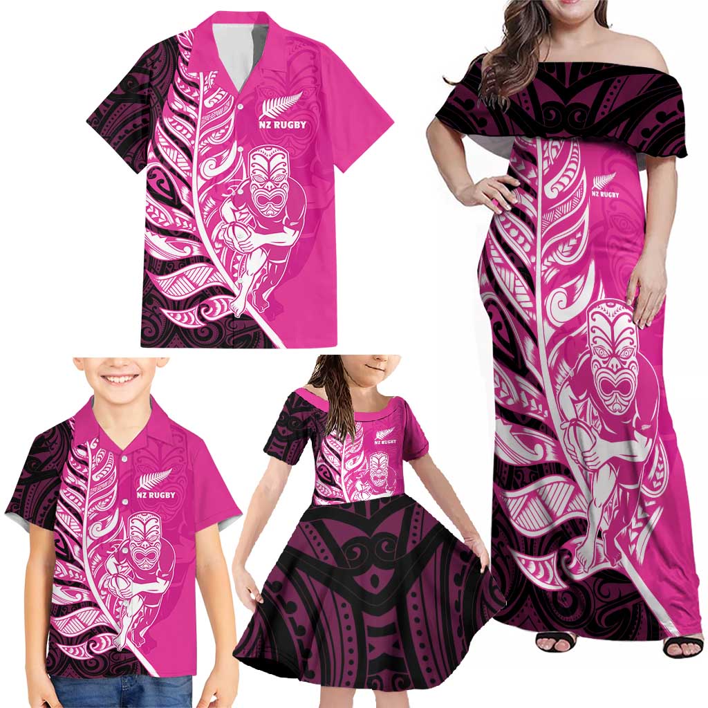 New Zealand Silver Fern Rugby Custom Family Matching Off Shoulder Maxi Dress and Hawaiian Shirt All Black Maori Pattern Pink - Polynesian Pride