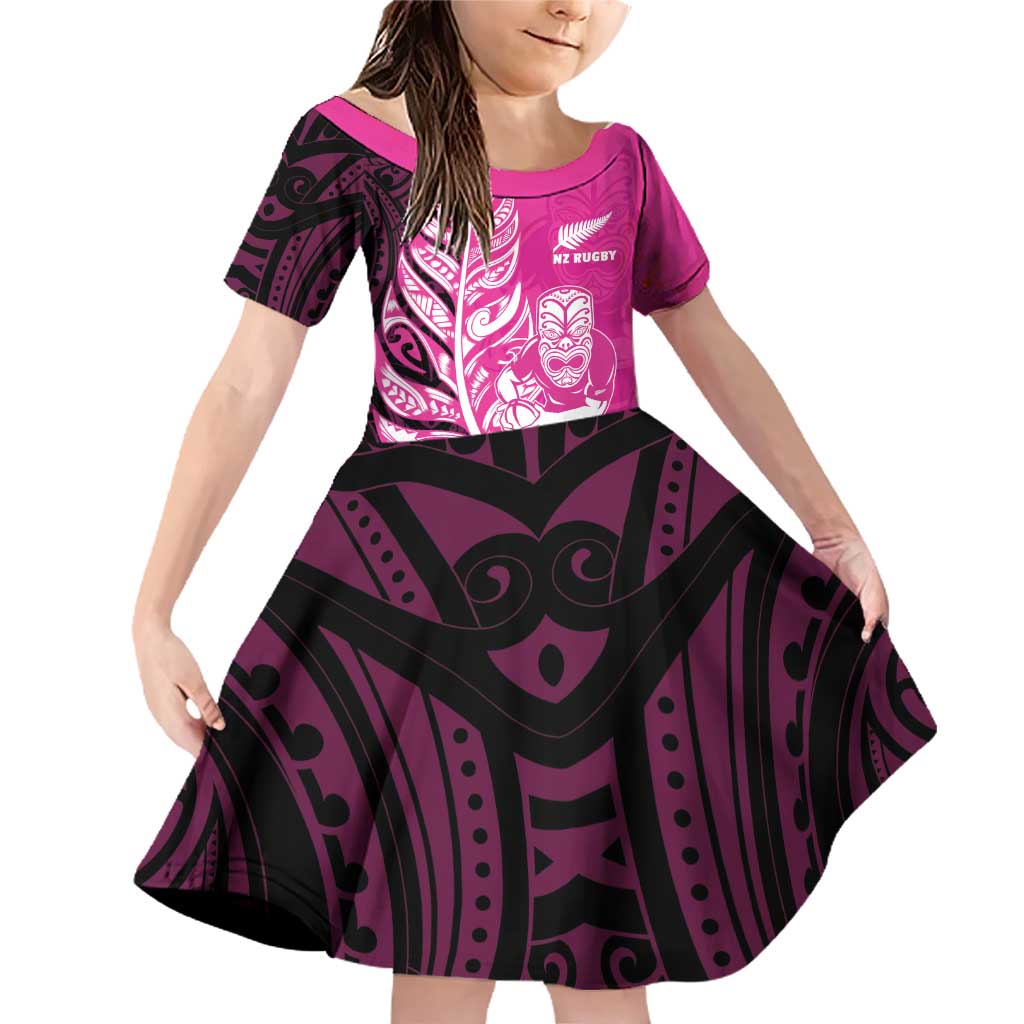 New Zealand Silver Fern Rugby Custom Family Matching Off Shoulder Short Dress and Hawaiian Shirt All Black Maori Pattern Pink - Polynesian Pride