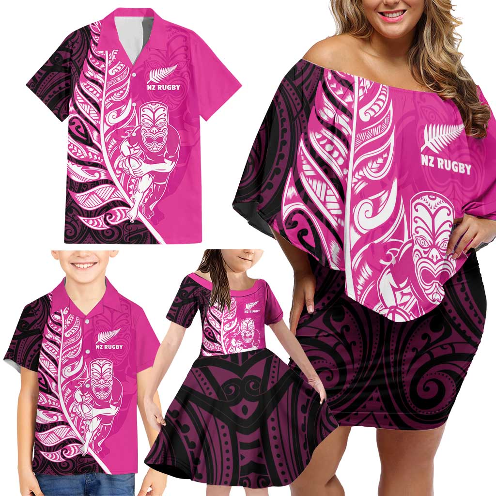 New Zealand Silver Fern Rugby Custom Family Matching Off Shoulder Short Dress and Hawaiian Shirt All Black Maori Pattern Pink - Polynesian Pride