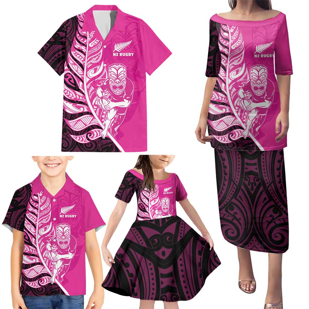 New Zealand Silver Fern Rugby Custom Family Matching Puletasi and Hawaiian Shirt All Black Maori Pattern Pink - Polynesian Pride