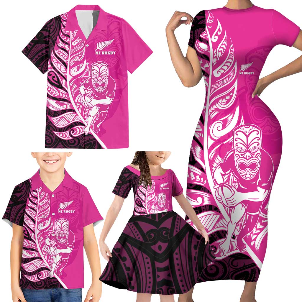 New Zealand Silver Fern Rugby Custom Family Matching Short Sleeve Bodycon Dress and Hawaiian Shirt All Black Maori Pattern Pink - Polynesian Pride
