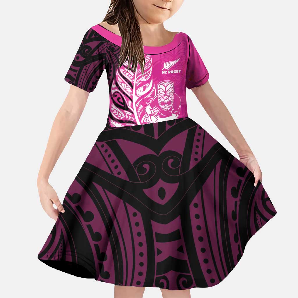 New Zealand Silver Fern Rugby Custom Family Matching Summer Maxi Dress and Hawaiian Shirt All Black Maori Pattern Pink - Polynesian Pride