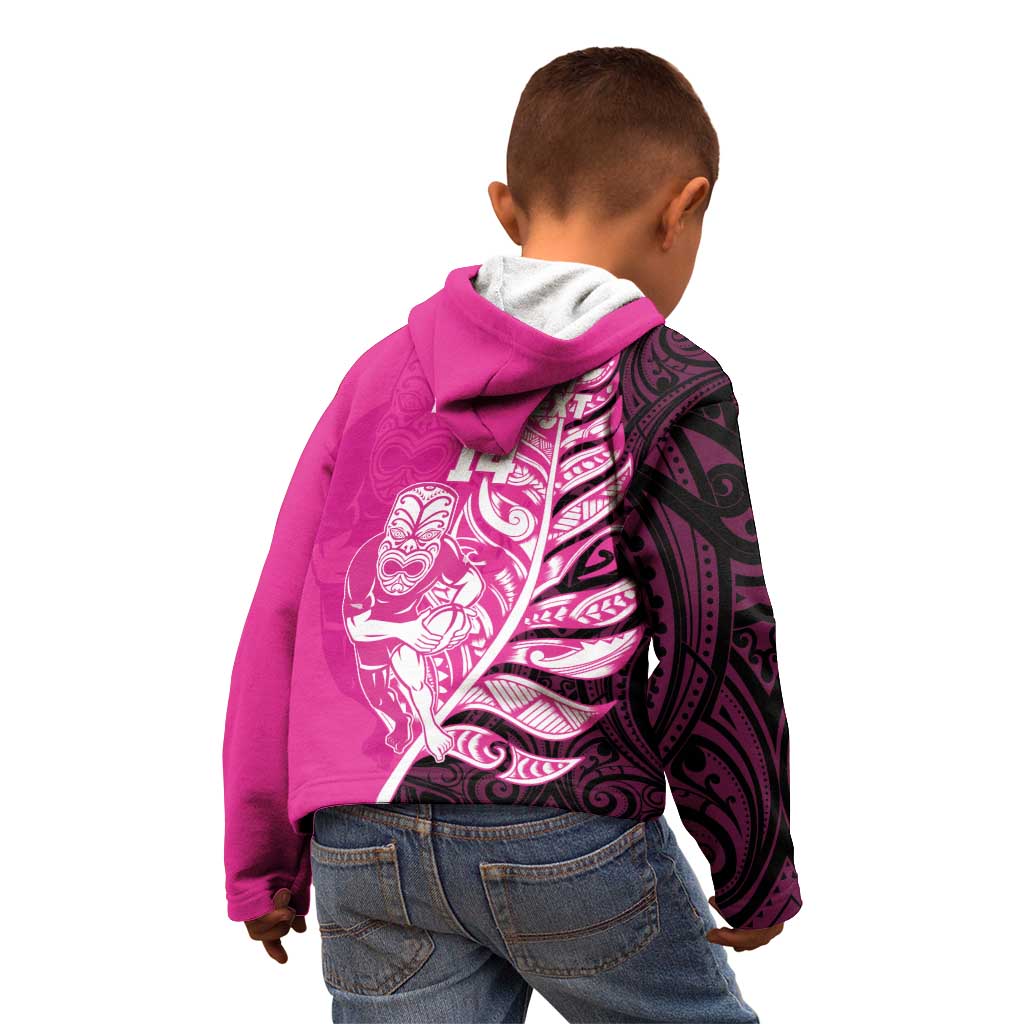 New Zealand Silver Fern Rugby Custom Kid Hoodie All Black Maori Pattern Pink - Polynesian Pride