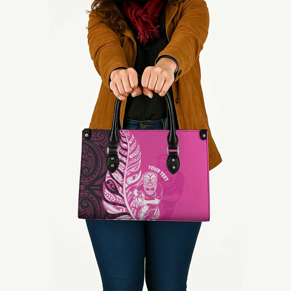 New Zealand Silver Fern Rugby Custom Leather Bag All Black Maori Pattern Pink - Polynesian Pride