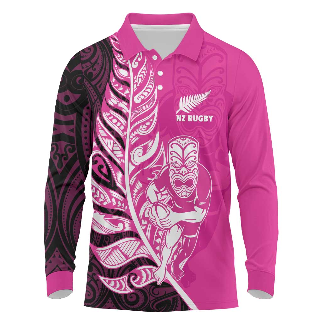 New Zealand Silver Fern Rugby Custom Long Sleeve Polo Shirt All Black Maori Pattern Pink - Polynesian Pride
