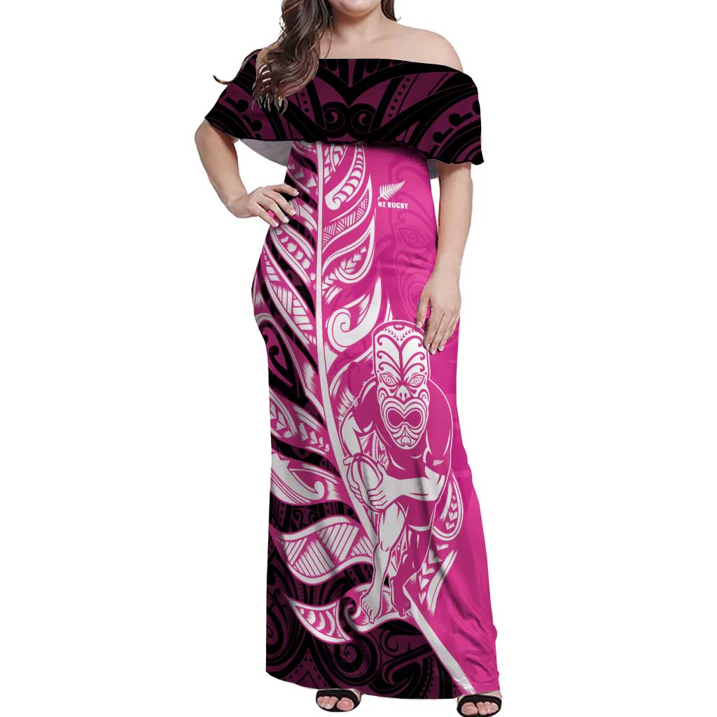 New Zealand Silver Fern Rugby Custom Off Shoulder Maxi Dress All Black Maori Pattern Pink - Polynesian Pride