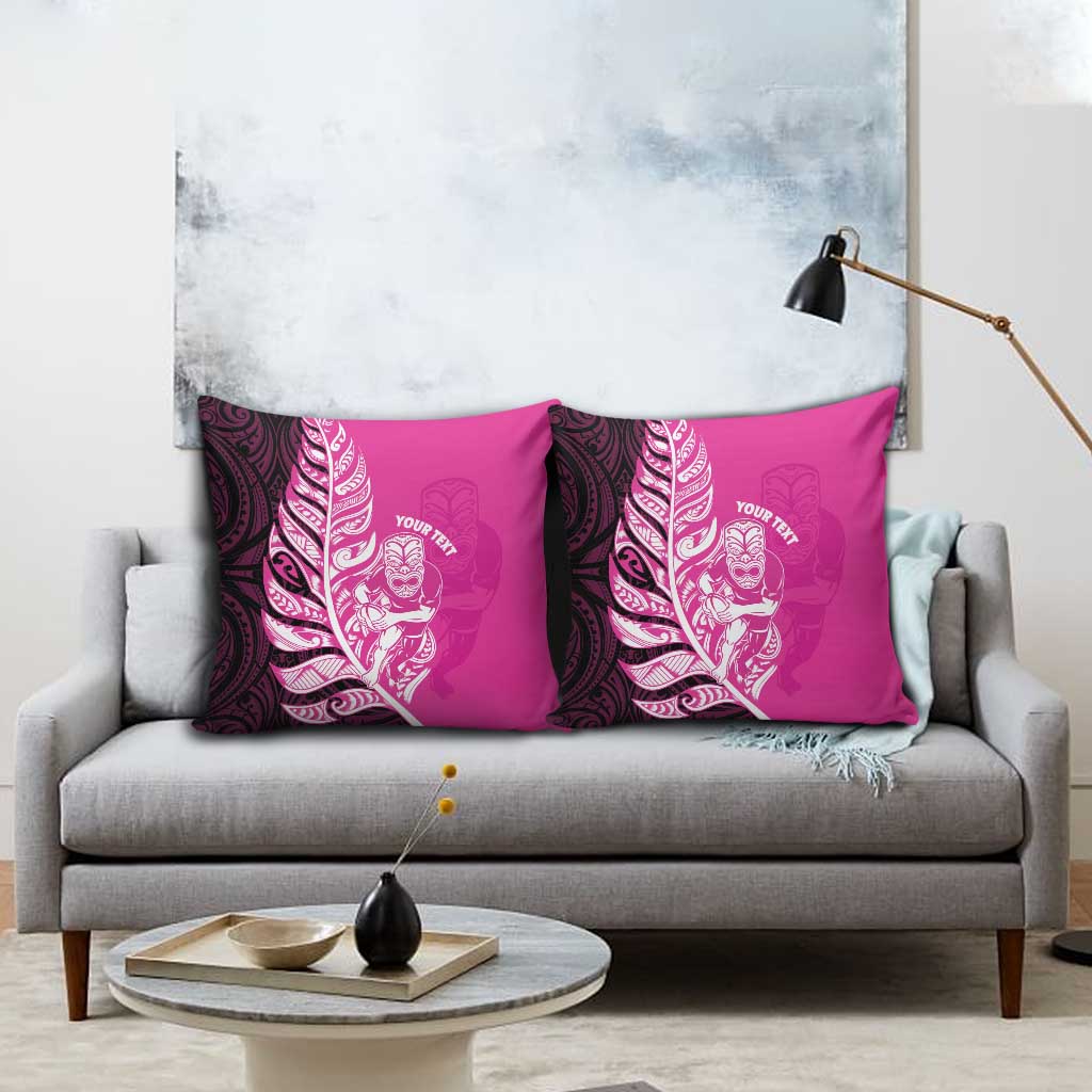 New Zealand Silver Fern Rugby Custom Pillow Cover All Black Maori Pattern Pink - Polynesian Pride