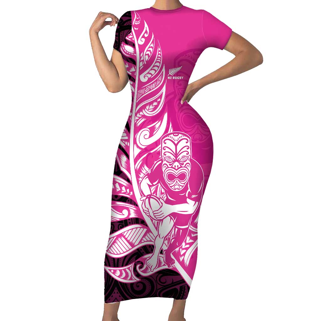 New Zealand Silver Fern Rugby Custom Short Sleeve Bodycon Dress All Black Maori Pattern Pink - Polynesian Pride