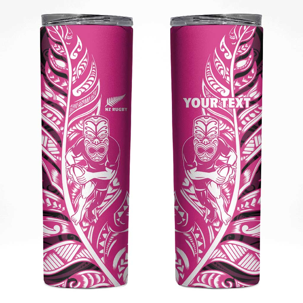 New Zealand Silver Fern Rugby Custom Skinny Tumbler All Black Maori Pattern Pink - Polynesian Pride