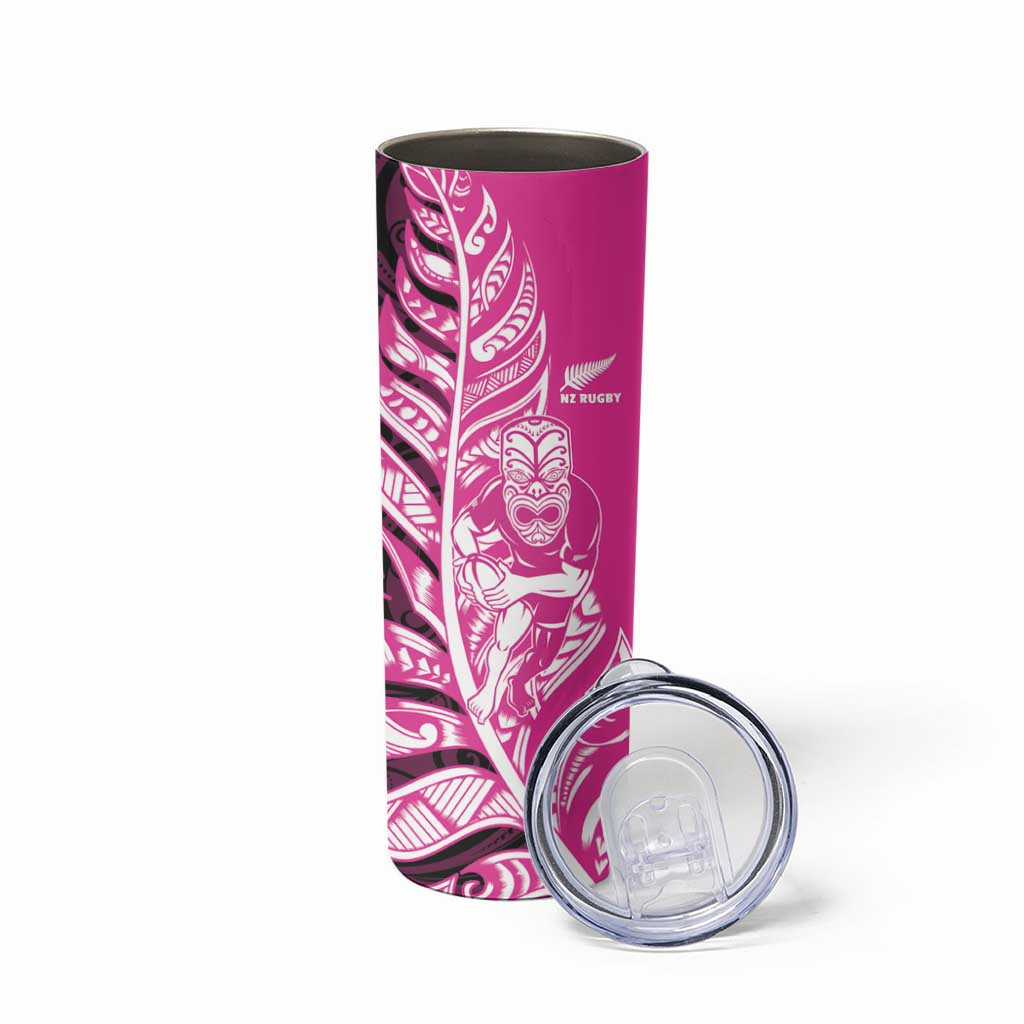 New Zealand Silver Fern Rugby Custom Skinny Tumbler All Black Maori Pattern Pink - Polynesian Pride