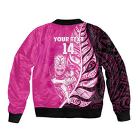 New Zealand Silver Fern Rugby Custom Sleeve Zip Bomber Jacket All Black Maori Pattern Pink - Polynesian Pride