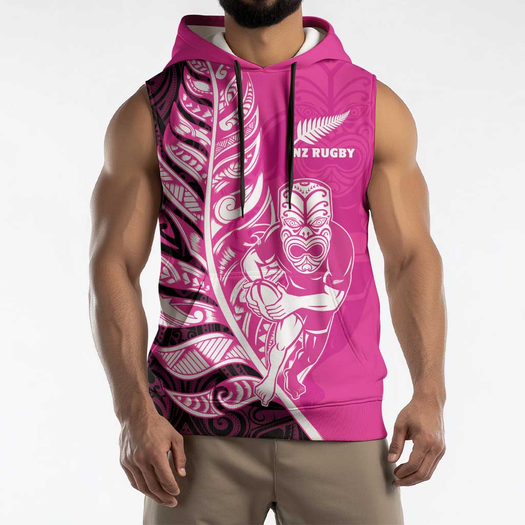 New Zealand Silver Fern Rugby Custom Sleeveless Hoodie All Black Maori Pattern Pink - Polynesian Pride