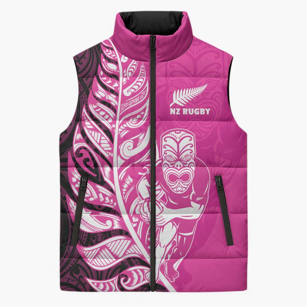 New Zealand Silver Fern Rugby Custom Sleeveless Puffer Jacket All Black Maori Pattern Pink - Polynesian Pride