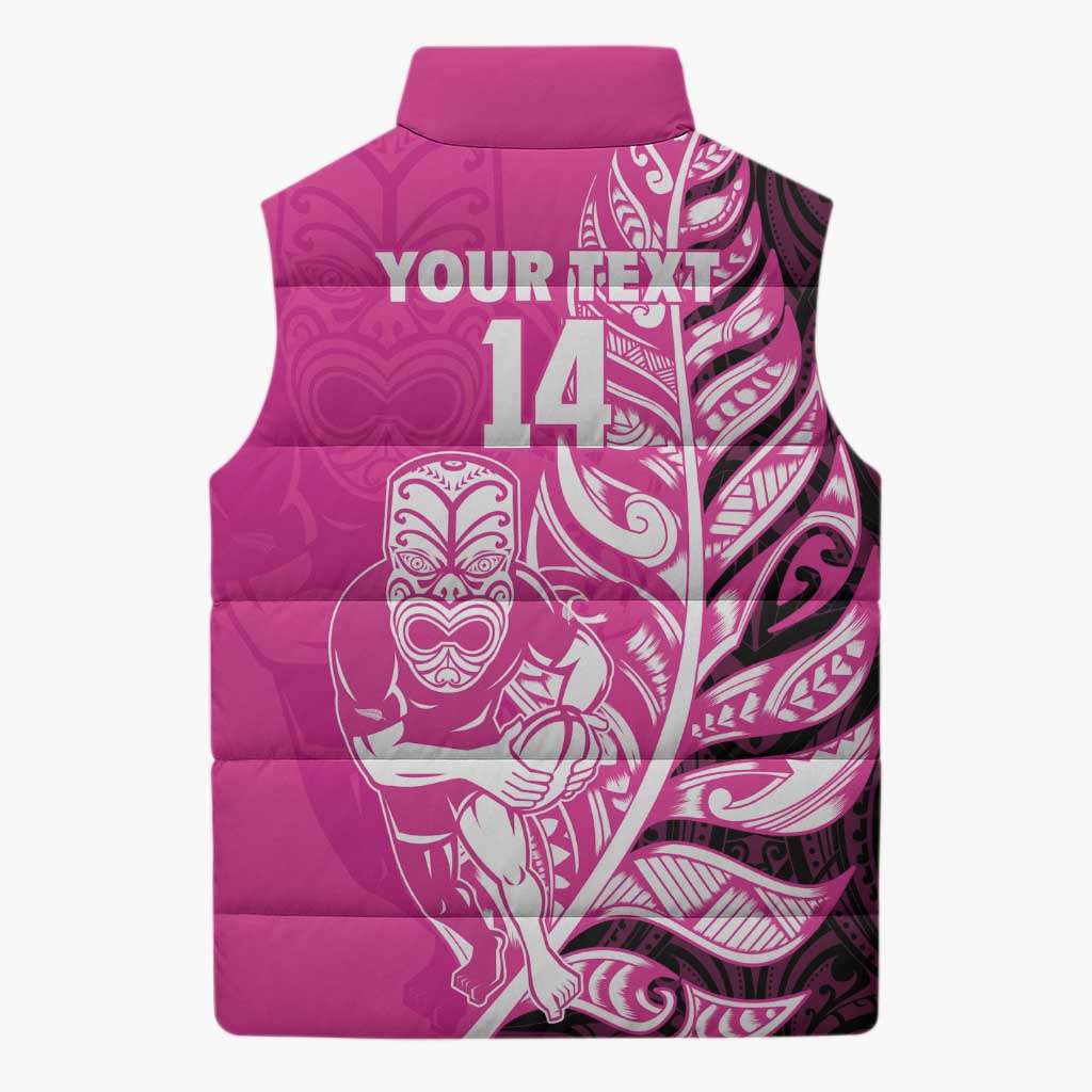 New Zealand Silver Fern Rugby Custom Sleeveless Puffer Jacket All Black Maori Pattern Pink - Polynesian Pride