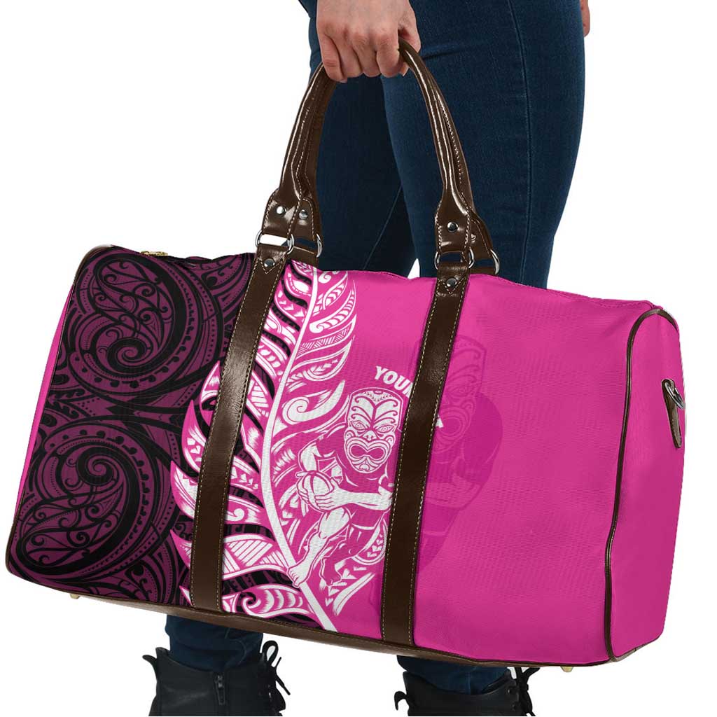 New Zealand Silver Fern Rugby Custom Travel Bag All Black Maori Pattern Pink - Polynesian Pride