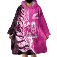 New Zealand Silver Fern Rugby Custom Wearable Blanket Hoodie All Black Maori Pattern Pink - Polynesian Pride