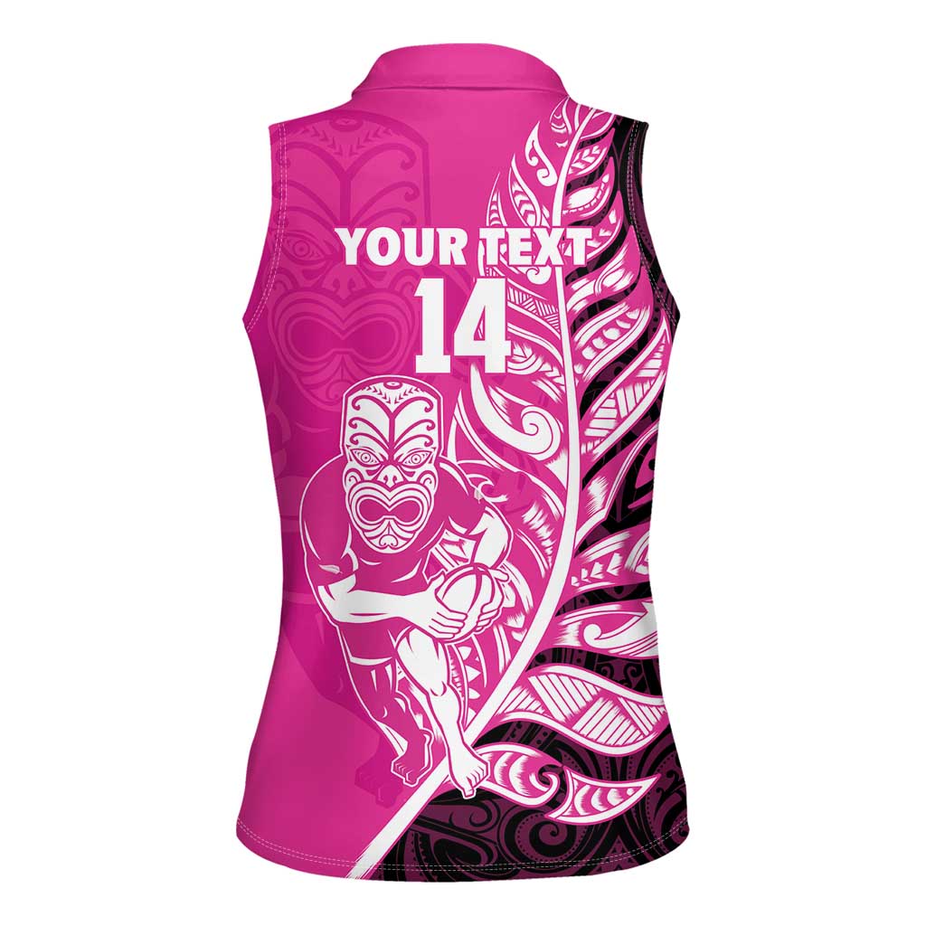 New Zealand Silver Fern Rugby Custom Women Sleeveless Polo Shirt All Black Maori Pattern Pink - Polynesian Pride