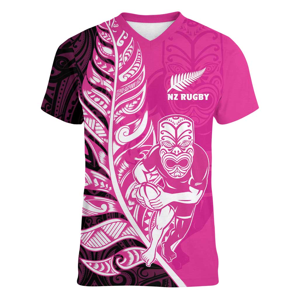 New Zealand Silver Fern Rugby Custom Women V-Neck T-Shirt All Black Maori Pattern Pink - Polynesian Pride