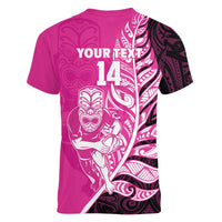 New Zealand Silver Fern Rugby Custom Women V-Neck T-Shirt All Black Maori Pattern Pink - Polynesian Pride