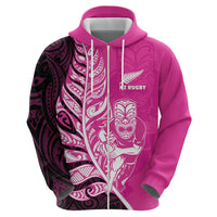 New Zealand Silver Fern Rugby Custom Zip Hoodie All Black Maori Pattern Pink - Polynesian Pride