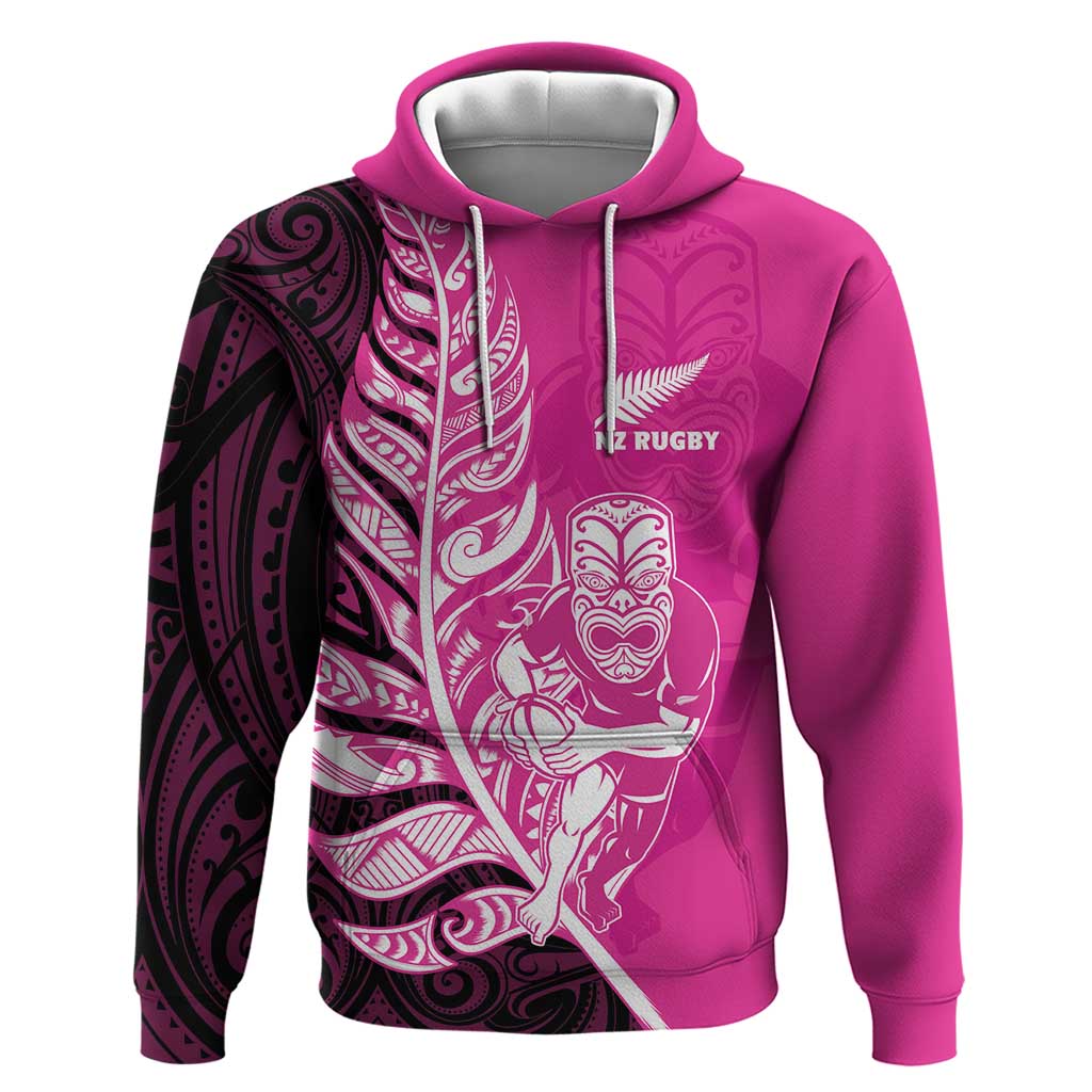 New Zealand Silver Fern Rugby Custom Zip Hoodie All Black Maori Pattern Pink - Polynesian Pride