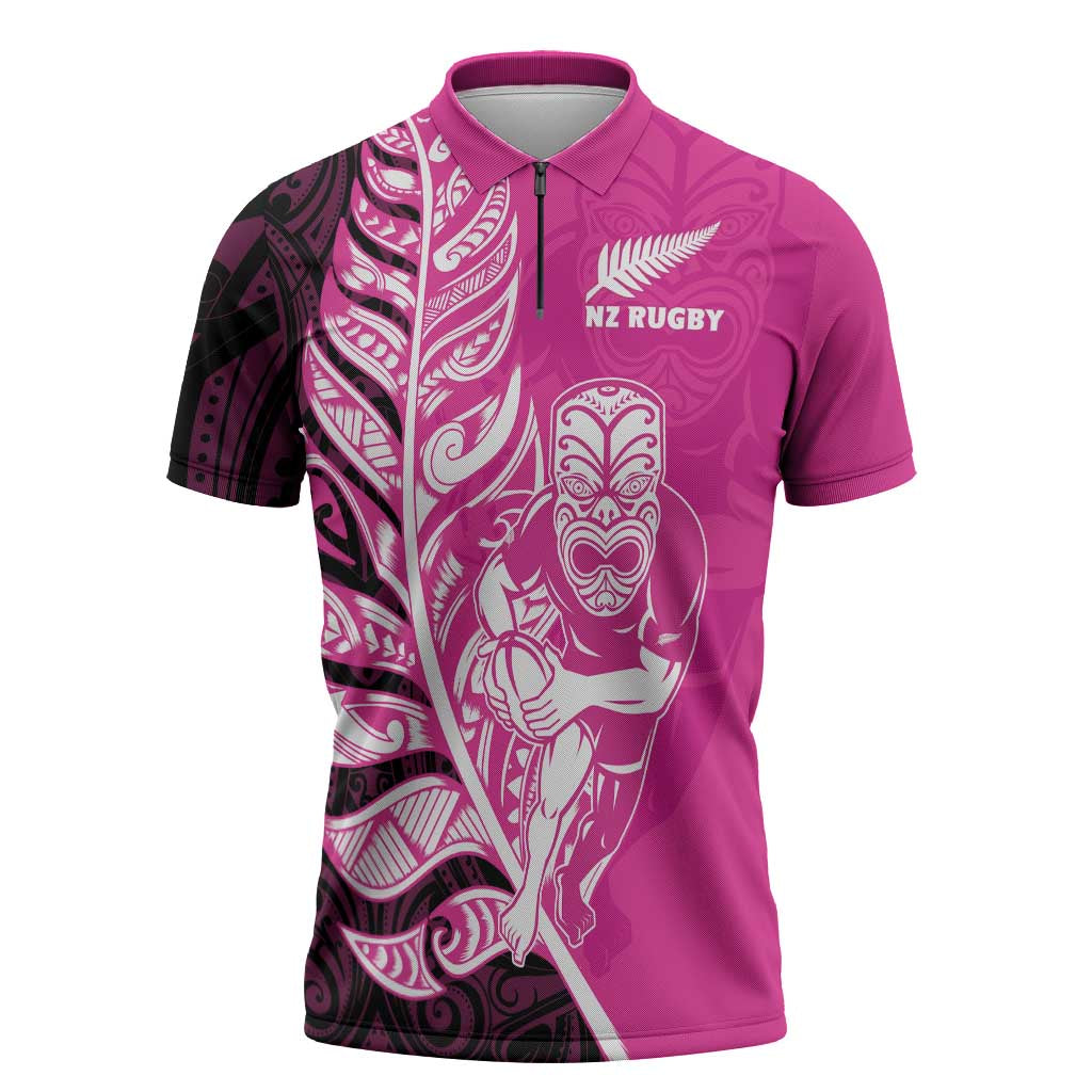 New Zealand Silver Fern Rugby Custom Zipper Polo Shirt All Black Maori Pattern Pink - Polynesian Pride
