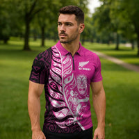 New Zealand Silver Fern Rugby Custom Zipper Polo Shirt All Black Maori Pattern Pink - Polynesian Pride