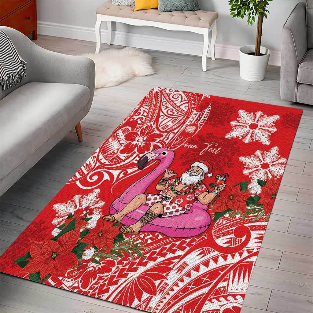 Personalized Hawaii Christmas Area Rug Mele Kalikimaka Chilling Shaka Santa Flamingo - Polynesian Pride