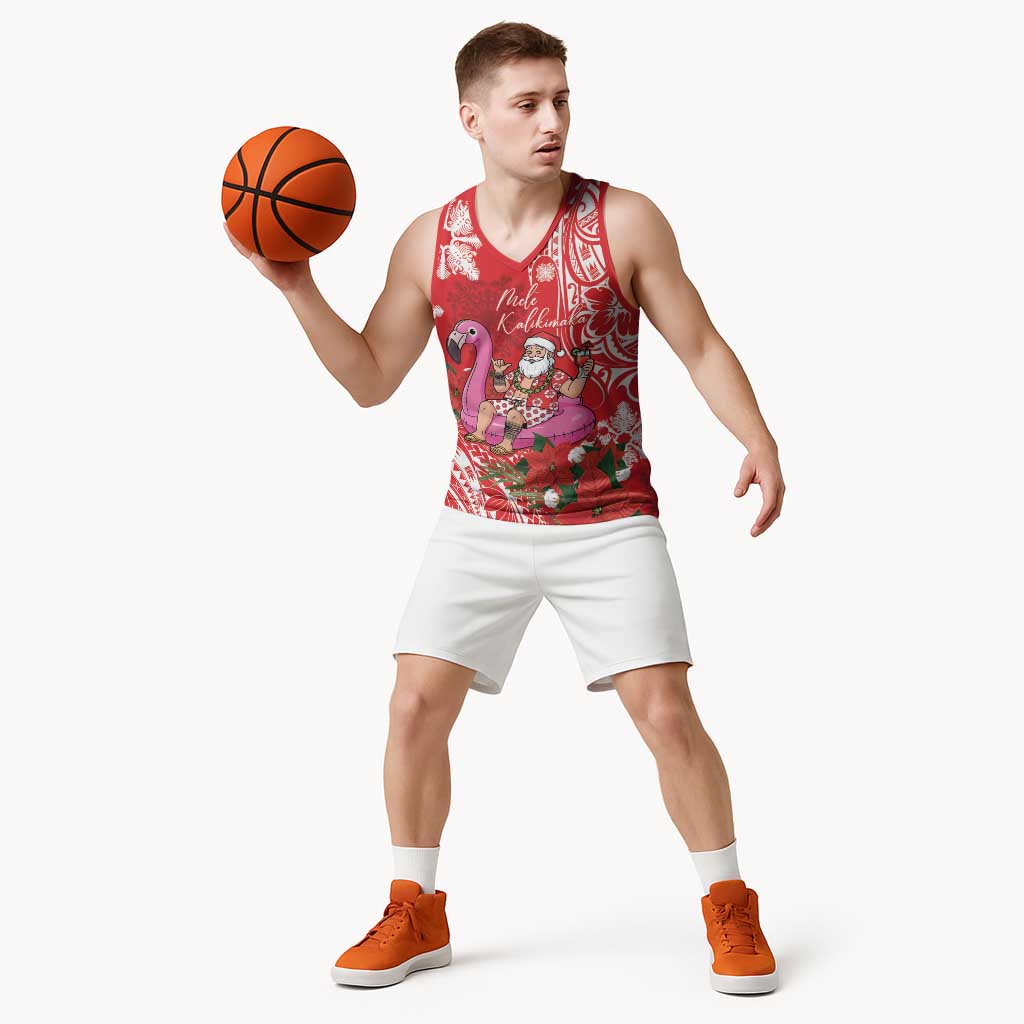 Personalized Hawaii Christmas Basketball Jersey Mele Kalikimaka Chilling Shaka Santa Flamingo - Polynesian Pride