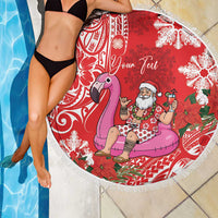 Personalized Hawaii Christmas Beach Blanket Mele Kalikimaka Chilling Shaka Santa Flamingo - Polynesian Pride