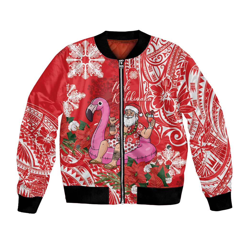 Personalized Hawaii Christmas Bomber Jacket Mele Kalikimaka Chilling Shaka Santa Flamingo - Polynesian Pride