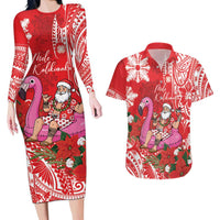 Personalized Hawaii Christmas Couples Matching Long Sleeve Bodycon Dress and Hawaiian Shirt Mele Kalikimaka Chilling Shaka Santa Flamingo LT14 Red - Polynesian Pride