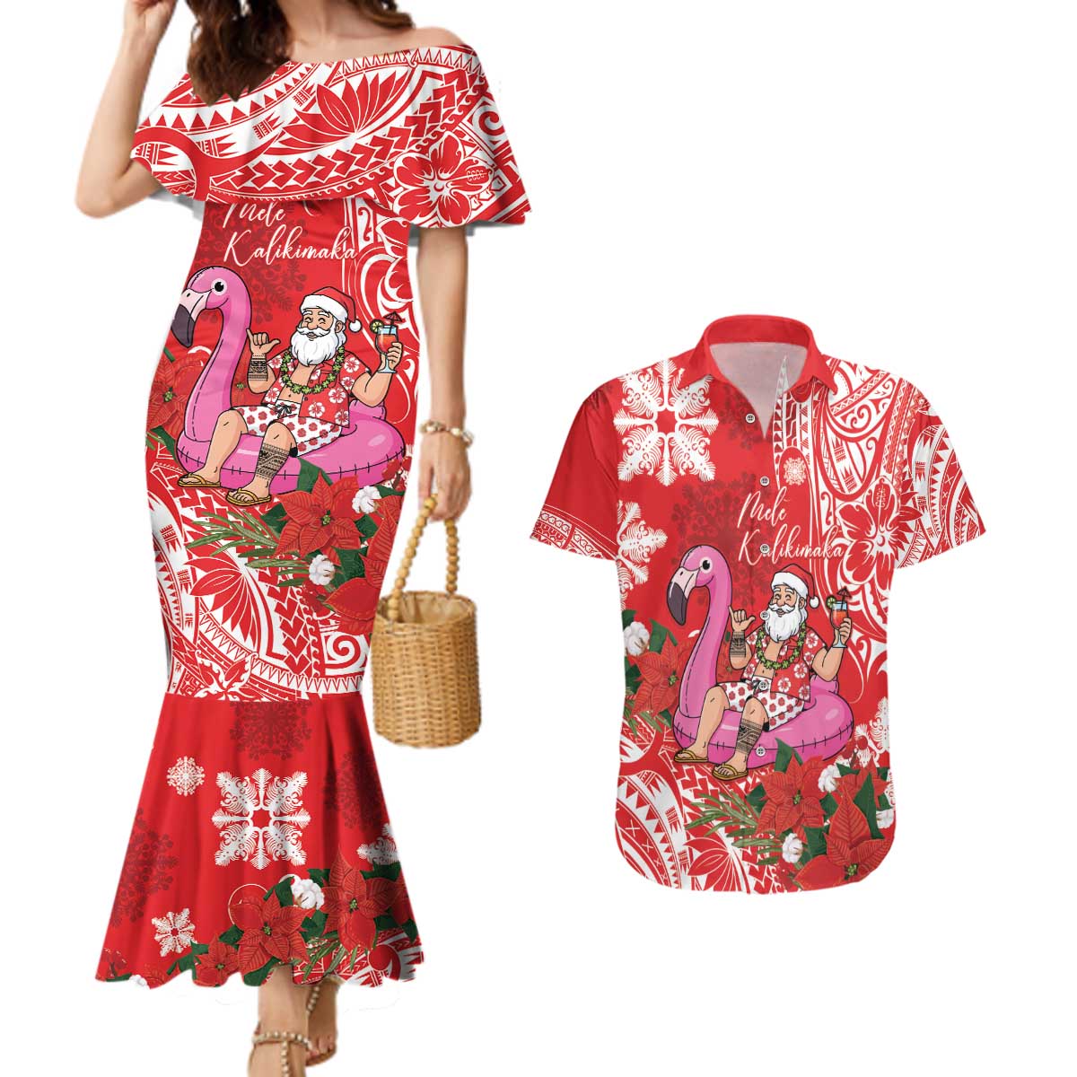 Personalized Hawaii Christmas Couples Matching Mermaid Dress and Hawaiian Shirt Mele Kalikimaka Chilling Shaka Santa Flamingo LT14 Red - Polynesian Pride