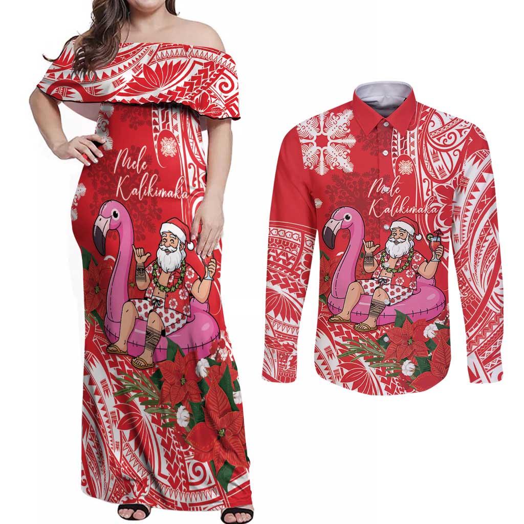 Personalized Hawaii Christmas Couples Matching Off Shoulder Maxi Dress and Long Sleeve Button Shirt Mele Kalikimaka Chilling Shaka Santa Flamingo LT14 Red - Polynesian Pride