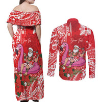 Personalized Hawaii Christmas Couples Matching Off Shoulder Maxi Dress and Long Sleeve Button Shirt Mele Kalikimaka Chilling Shaka Santa Flamingo LT14 - Polynesian Pride
