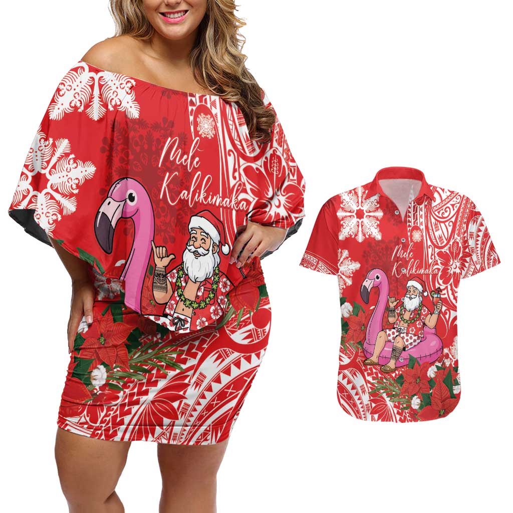 Personalized Hawaii Christmas Couples Matching Off Shoulder Short Dress and Hawaiian Shirt Mele Kalikimaka Chilling Shaka Santa Flamingo - Polynesian Pride