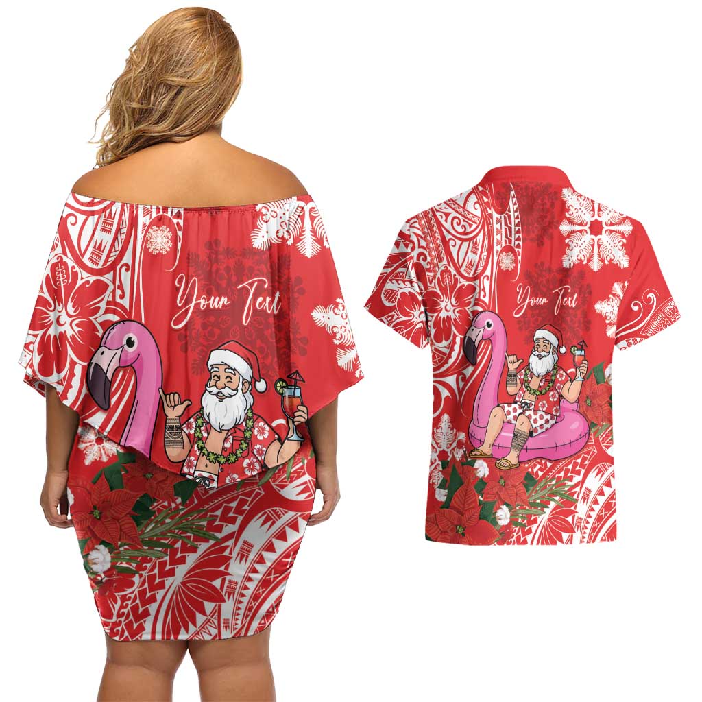 Personalized Hawaii Christmas Couples Matching Off Shoulder Short Dress and Hawaiian Shirt Mele Kalikimaka Chilling Shaka Santa Flamingo LT14 - Polynesian Pride