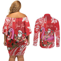 Personalized Hawaii Christmas Couples Matching Off Shoulder Short Dress and Long Sleeve Button Shirt Mele Kalikimaka Chilling Shaka Santa Flamingo LT14 - Polynesian Pride