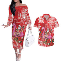 Personalized Hawaii Christmas Couples Matching Off The Shoulder Long Sleeve Dress and Hawaiian Shirt Mele Kalikimaka Chilling Shaka Santa Flamingo - Polynesian Pride